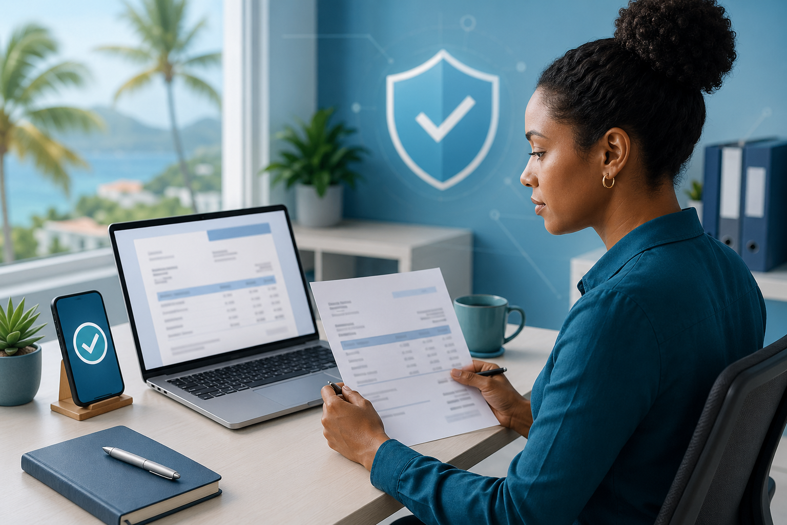 Office worker verifying invoice payment details before approval