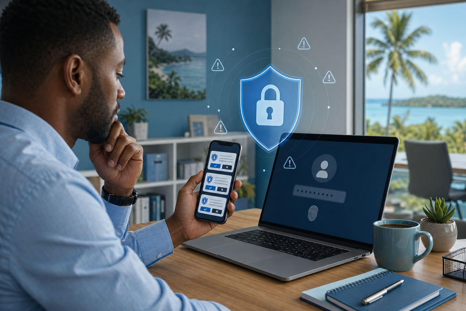 Office worker pausing before approving an unexpected multi-factor authentication prompt