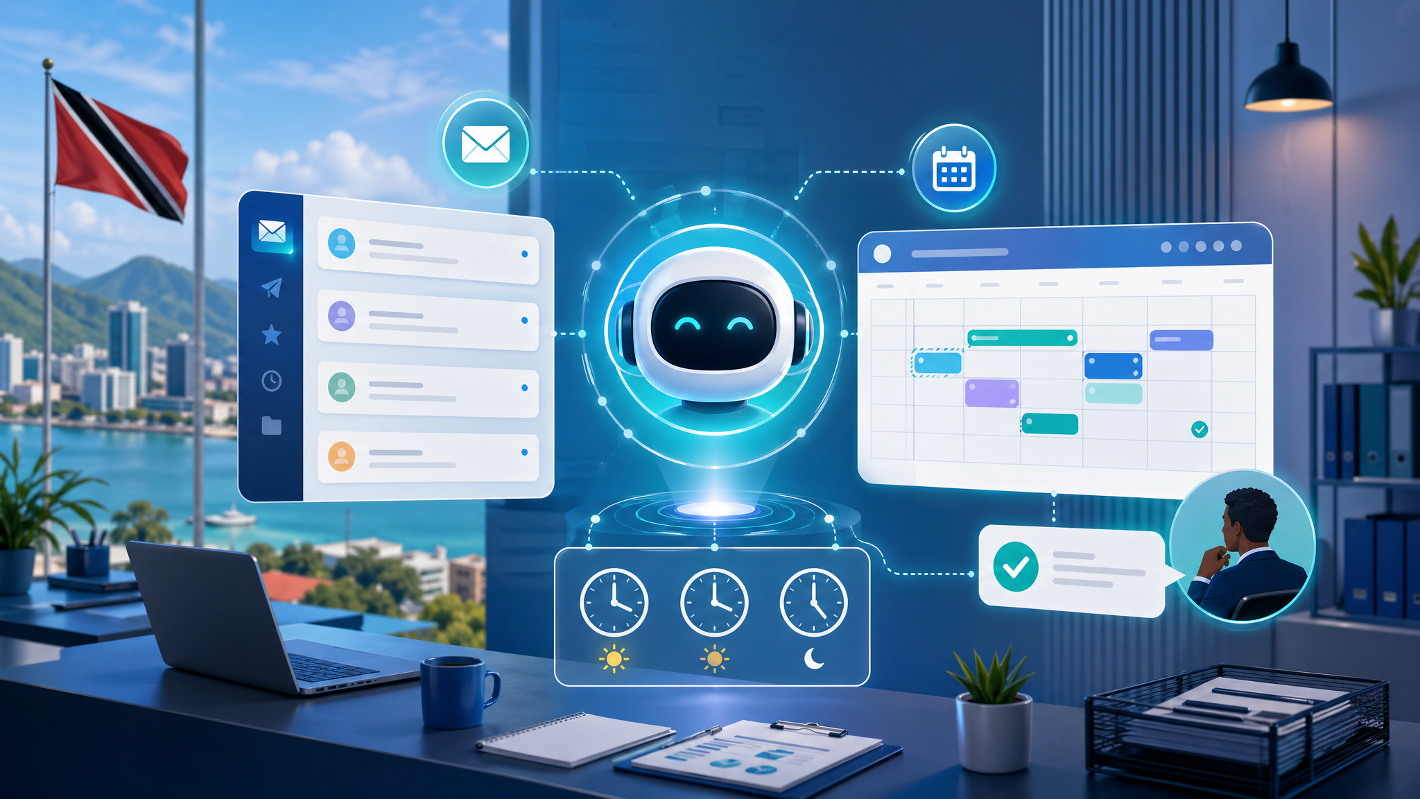 AI assistant coordinating business email and calendar scheduling with human approval