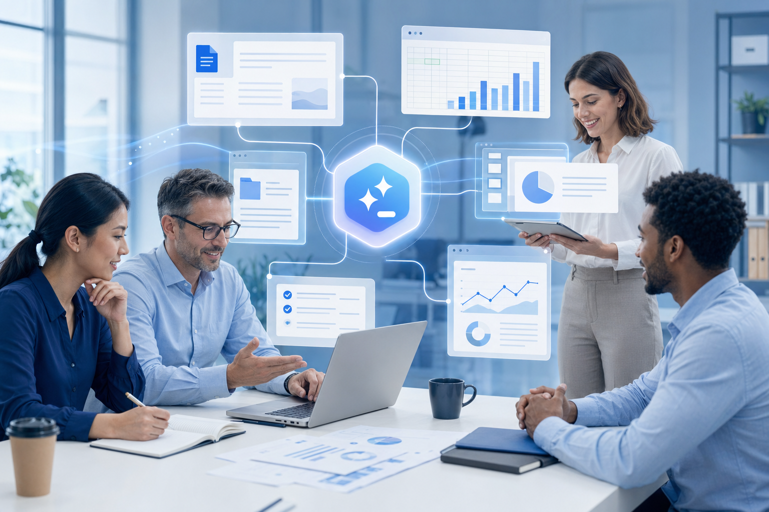 Business team using Microsoft 365 Copilot to improve document spreadsheet and presentation workflows