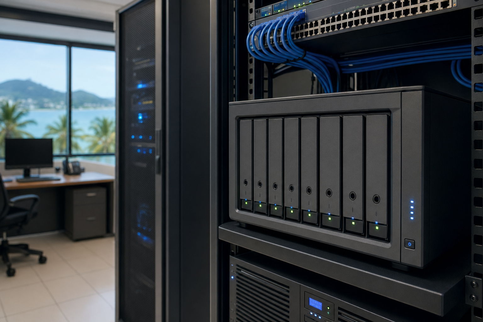 Business NAS storage appliance in a clean network closet with reliable drive bays