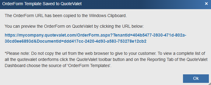 QuoteValet generated order form link for sharing with customers