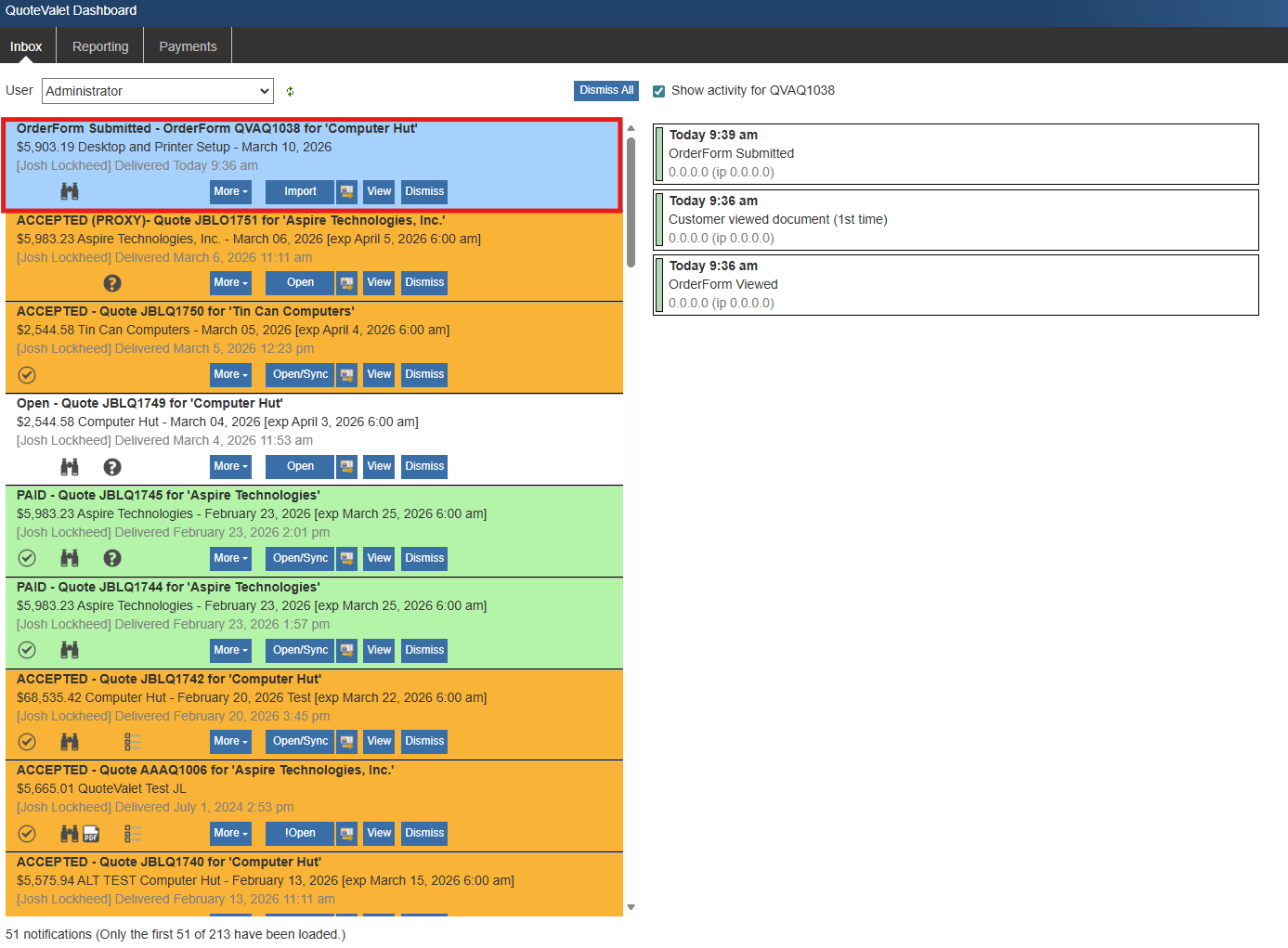 Submitted order appearing in the QuoteValet workflow
