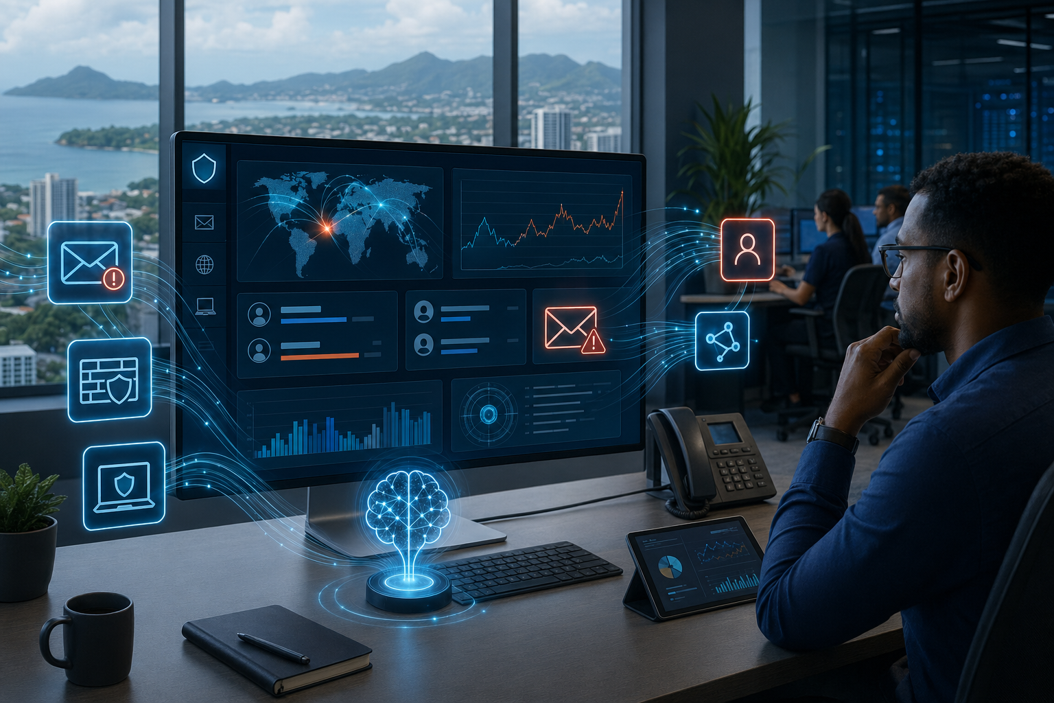 AI anomaly detection dashboard monitoring business email network and endpoint security