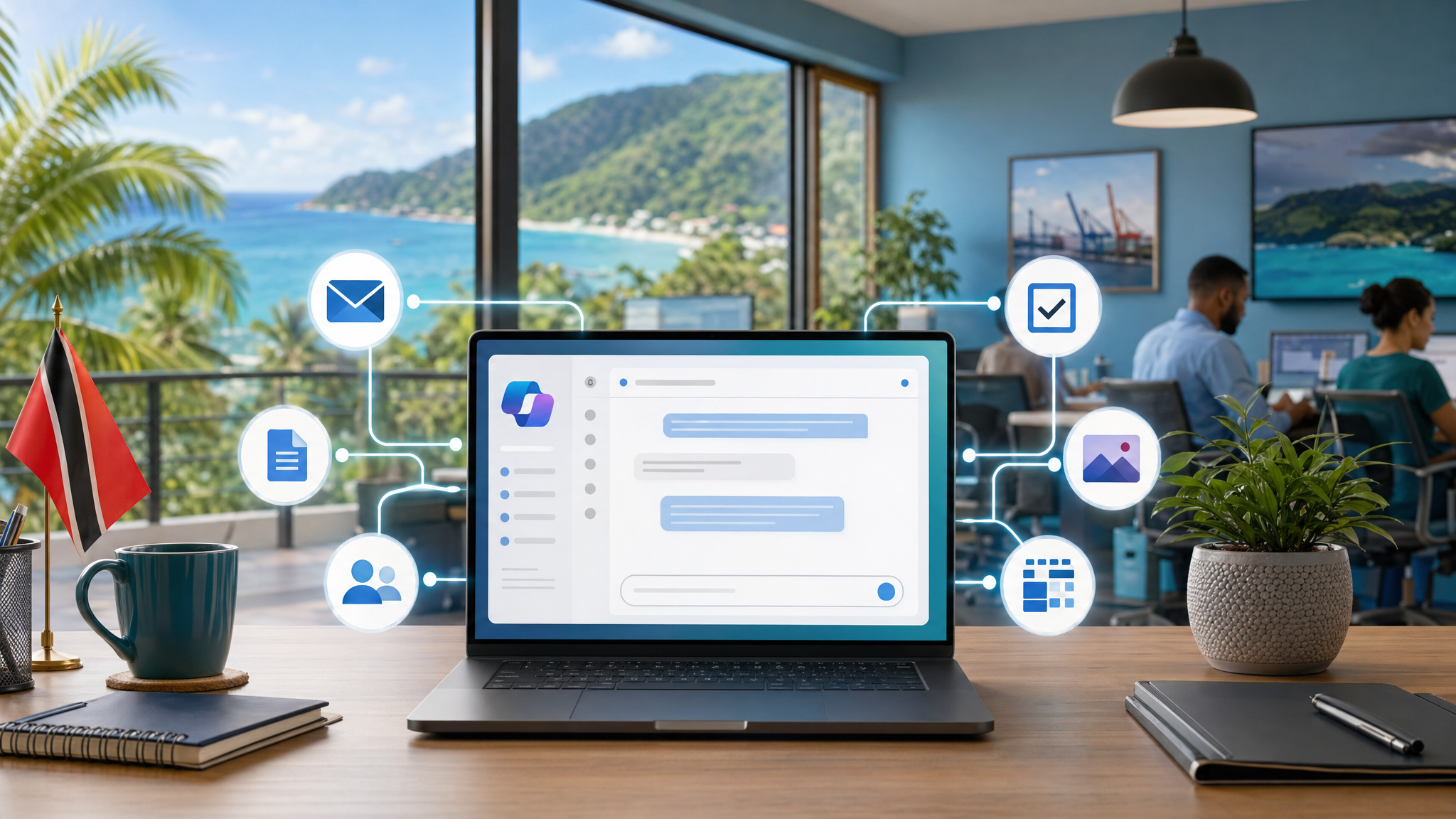 Microsoft 365 Copilot agents connecting business apps into a unified workflow for an SMB office