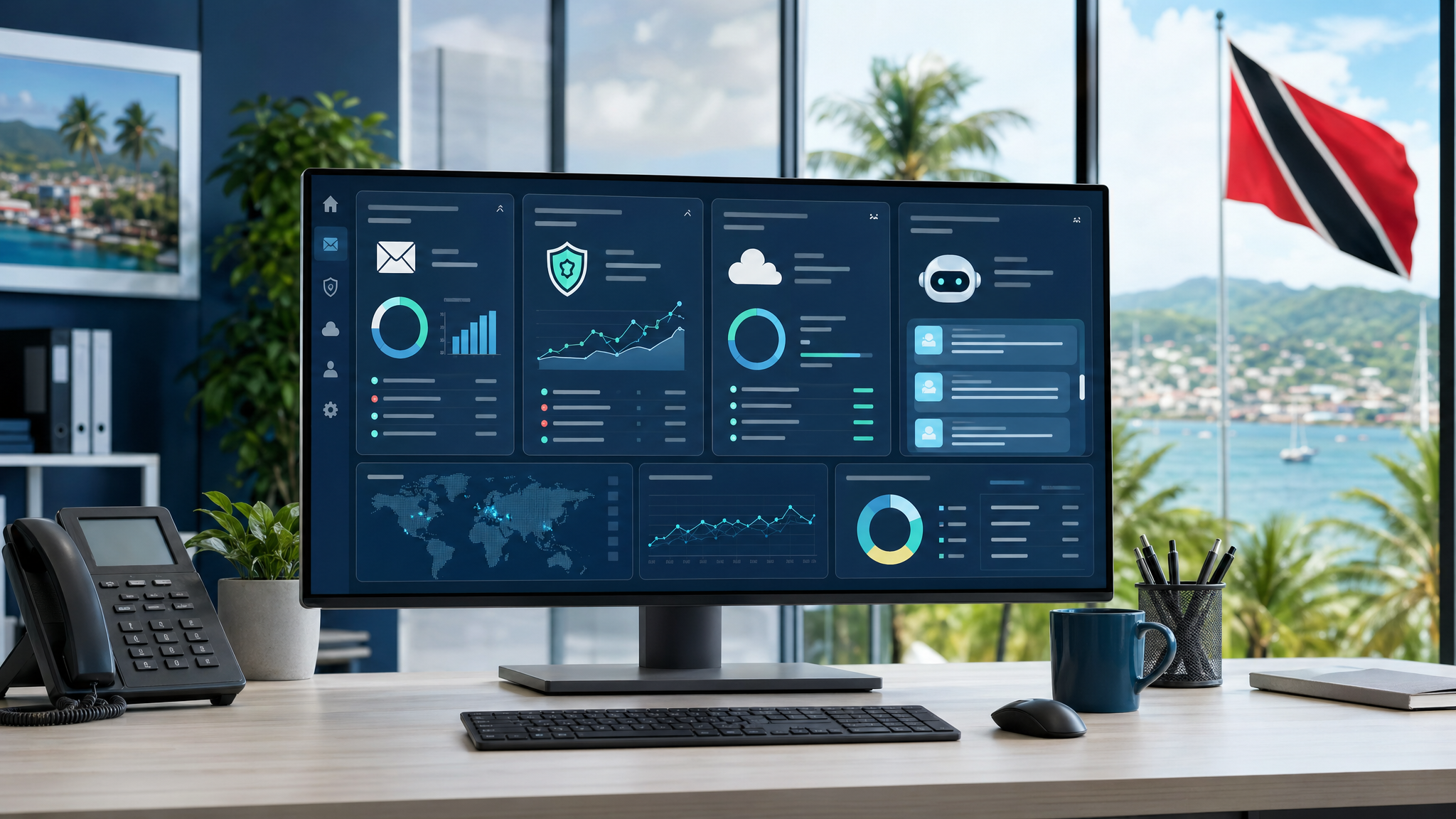 Centralized managed IT dashboard showing email, firewall, security, and AI insights for a small business