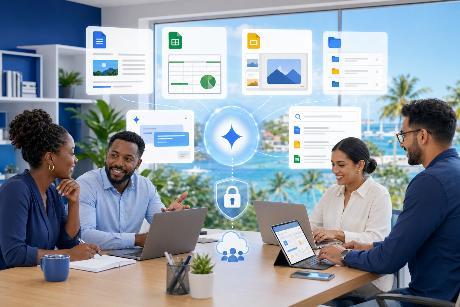 Google Workspace with Gemini helping a business team create documents spreadsheets presentations and Drive knowledge workflows