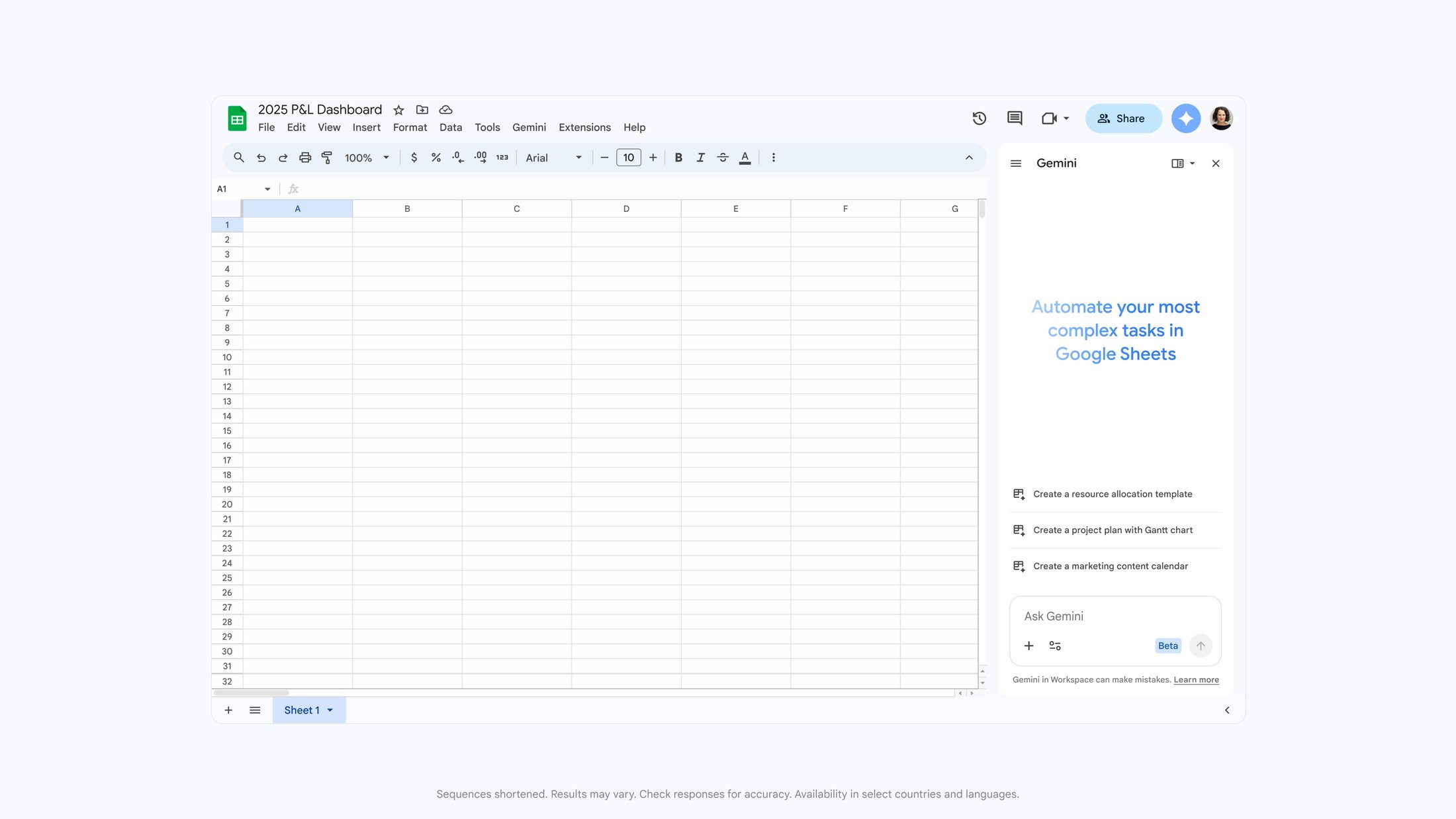 Gemini building and modifying a Google Sheets workbook for business analysis