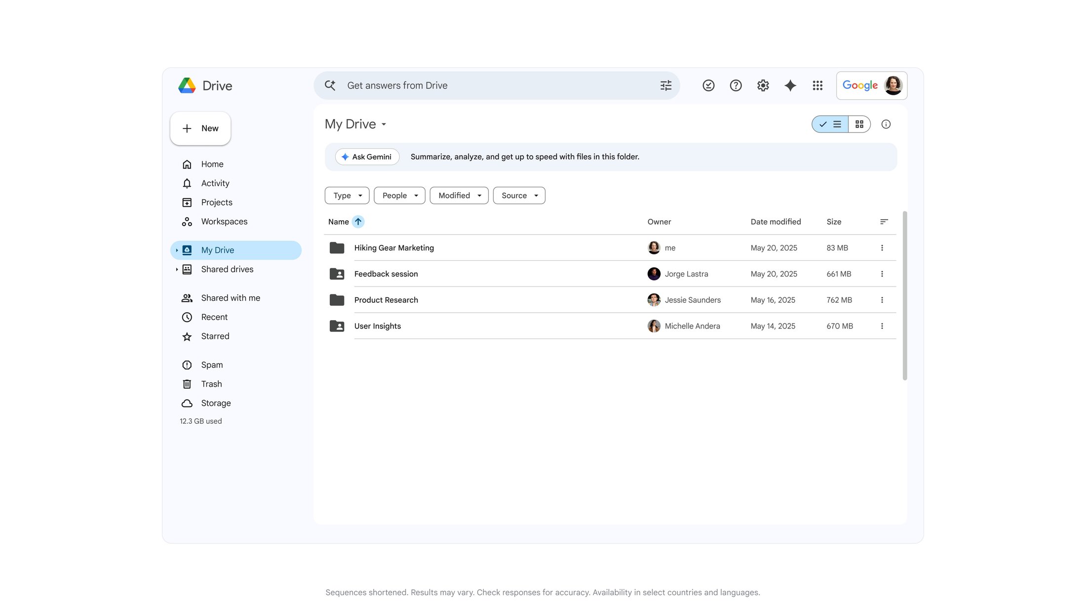 Gemini answering questions from Google Drive files and Workspace context