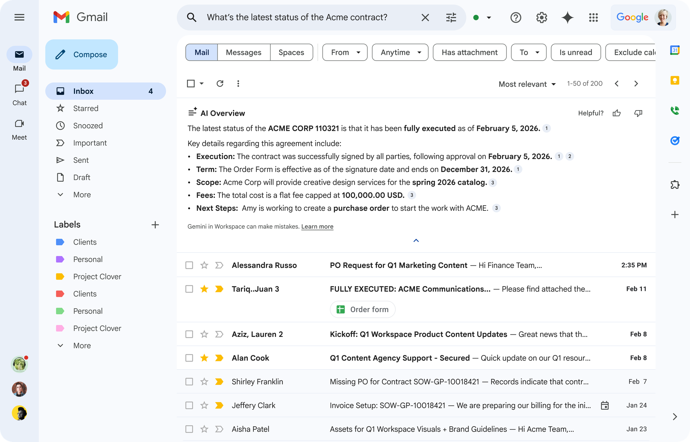 Gemini-generated AI Overview in Gmail search summarizing business email context