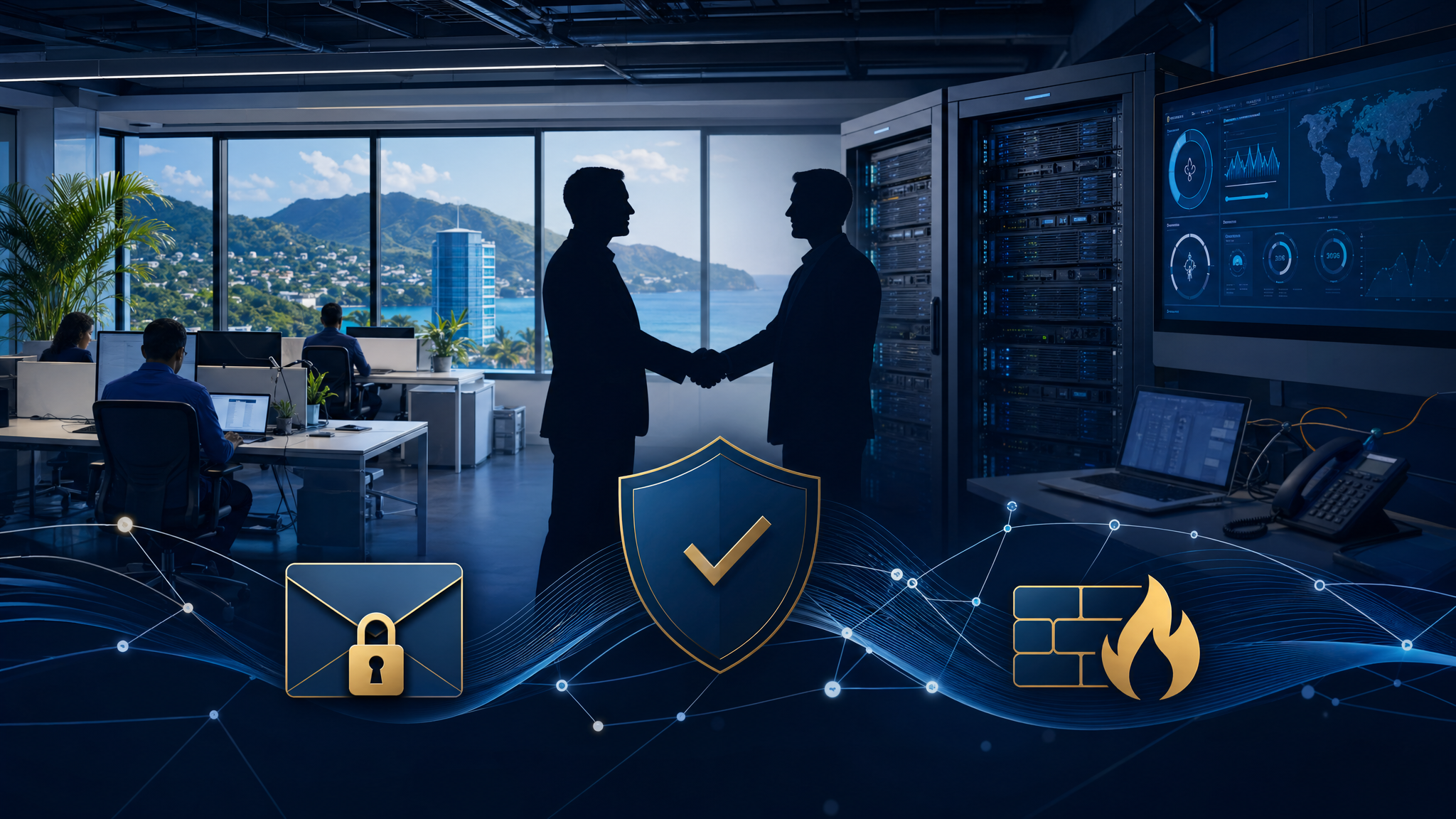 Managed IT continuity dashboard with secure email firewall and partner support visuals