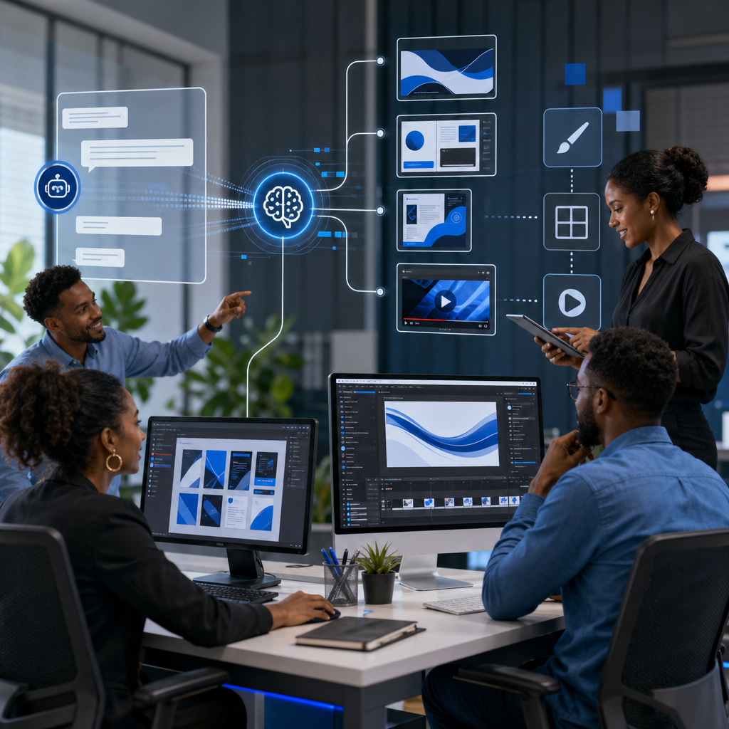Small business team creating campaign assets through an AI-assisted creative workflow