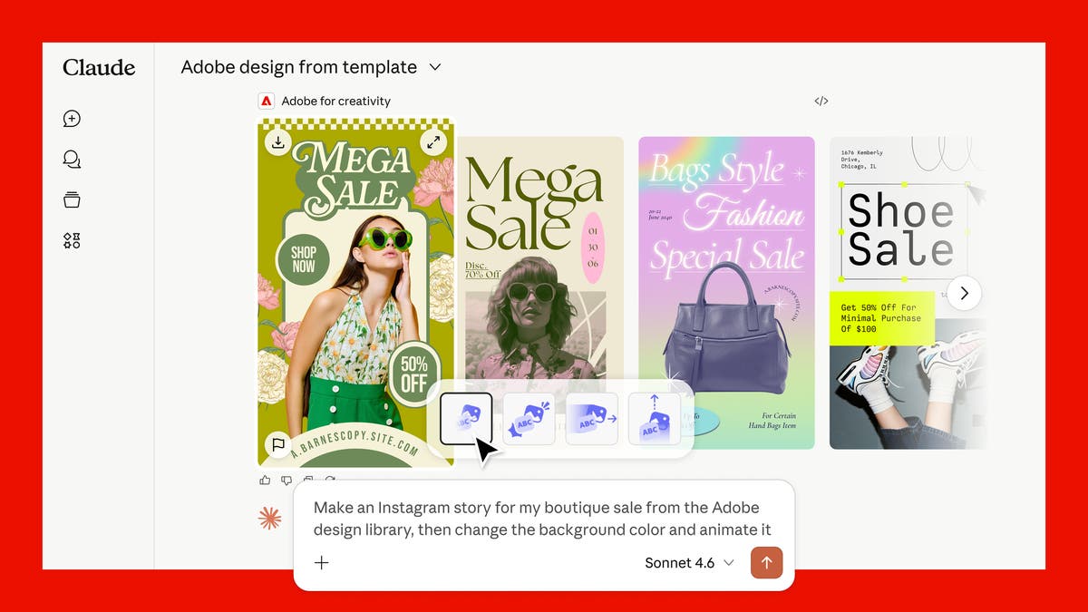 Adobe for creativity connector showing an AI-assisted design workflow inside Claude