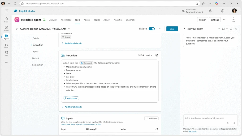 Copilot Studio immersive Prompt Builder for refining agent behaviour in context