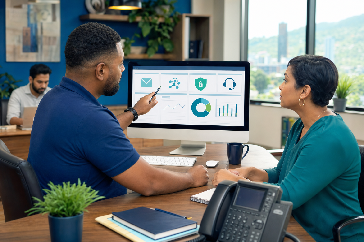 Managed IT partner helping a business owner review email security and network support dashboards