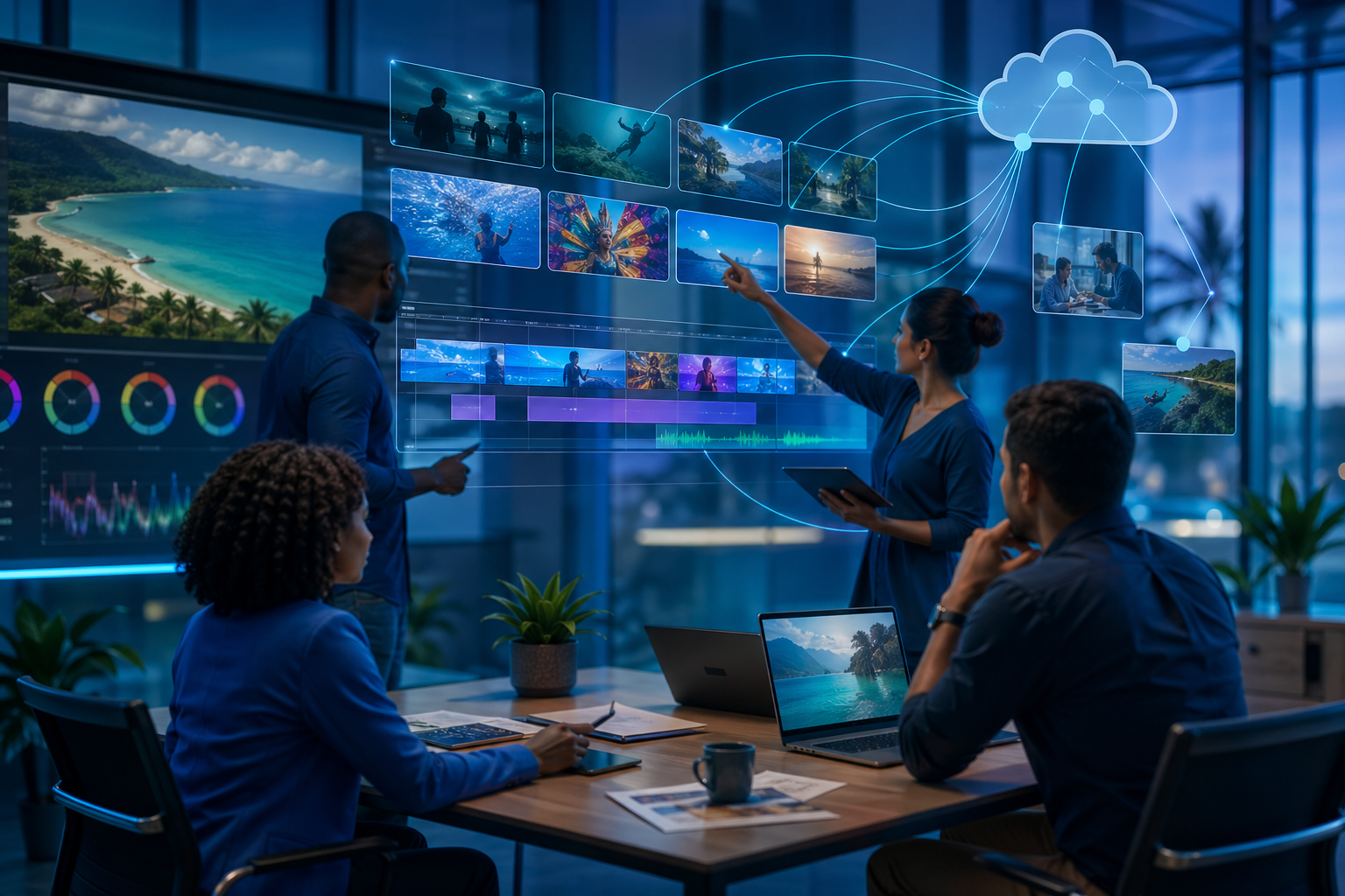 Small business team managing Adobe-style video workflows with AI, colour grading, and cloud collaboration