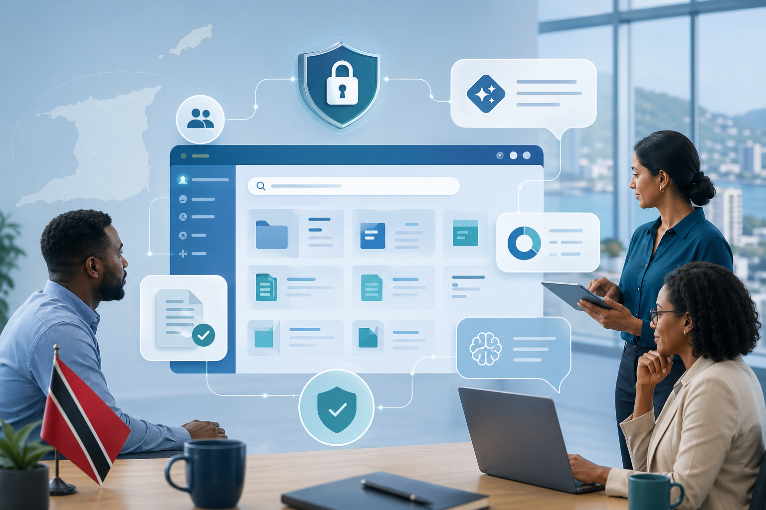 Secure SharePoint knowledge hub with documents, collaboration, and AI insight panels