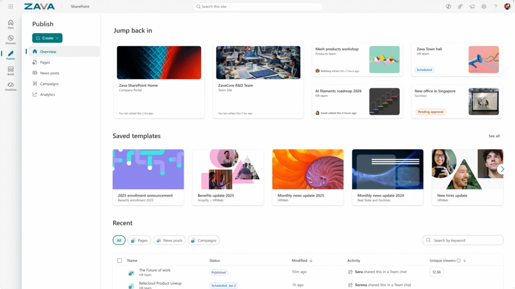 SharePoint publishing dashboard example for intranet content and announcements