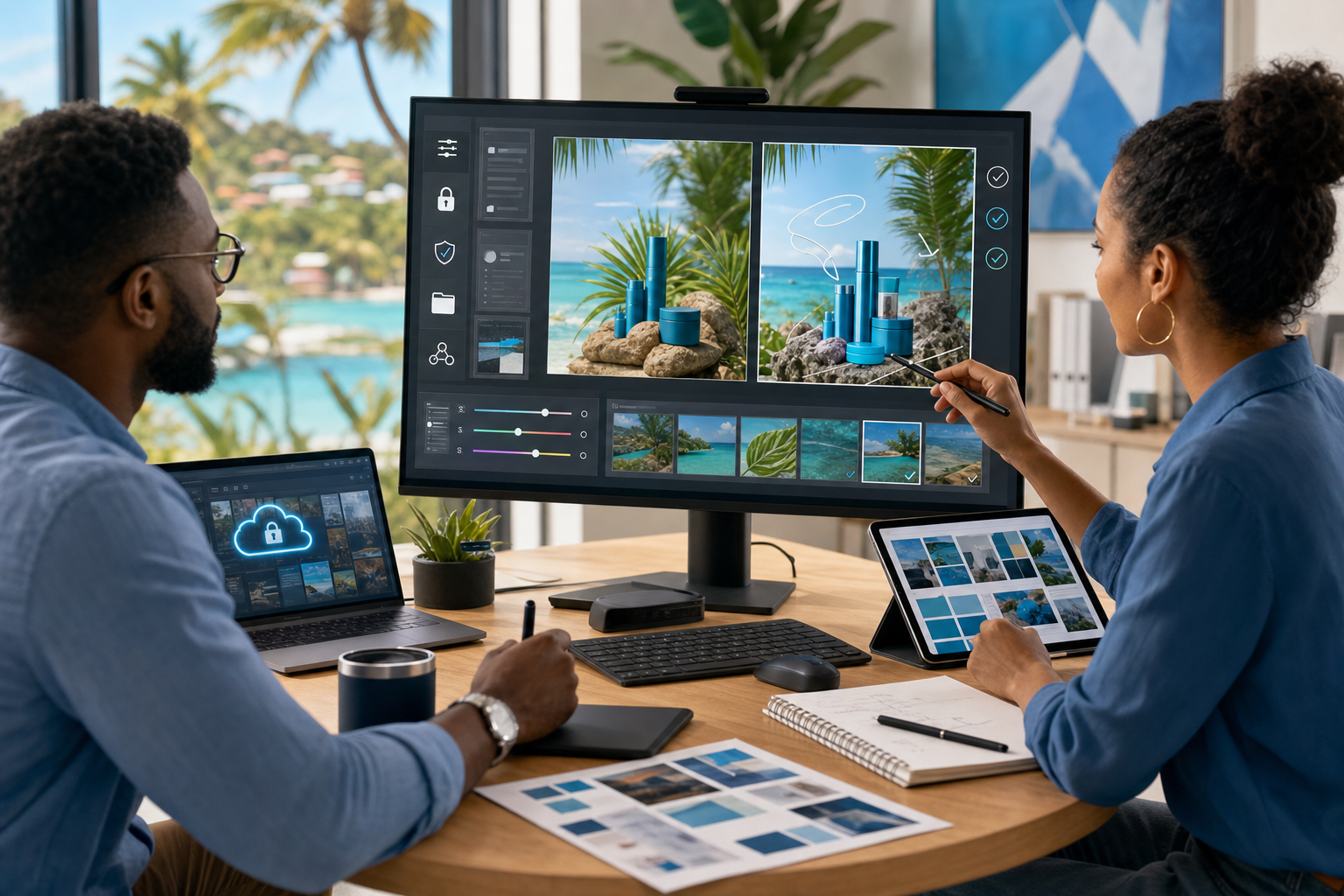 Small business marketing team reviewing AI-assisted campaign image edits with brand approval controls