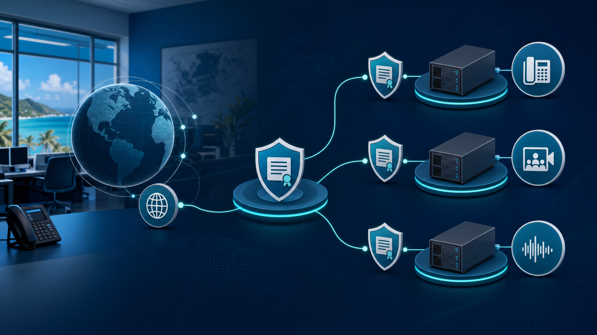 Secure network diagram showing multiple business communications systems protected by managed SSL certificates