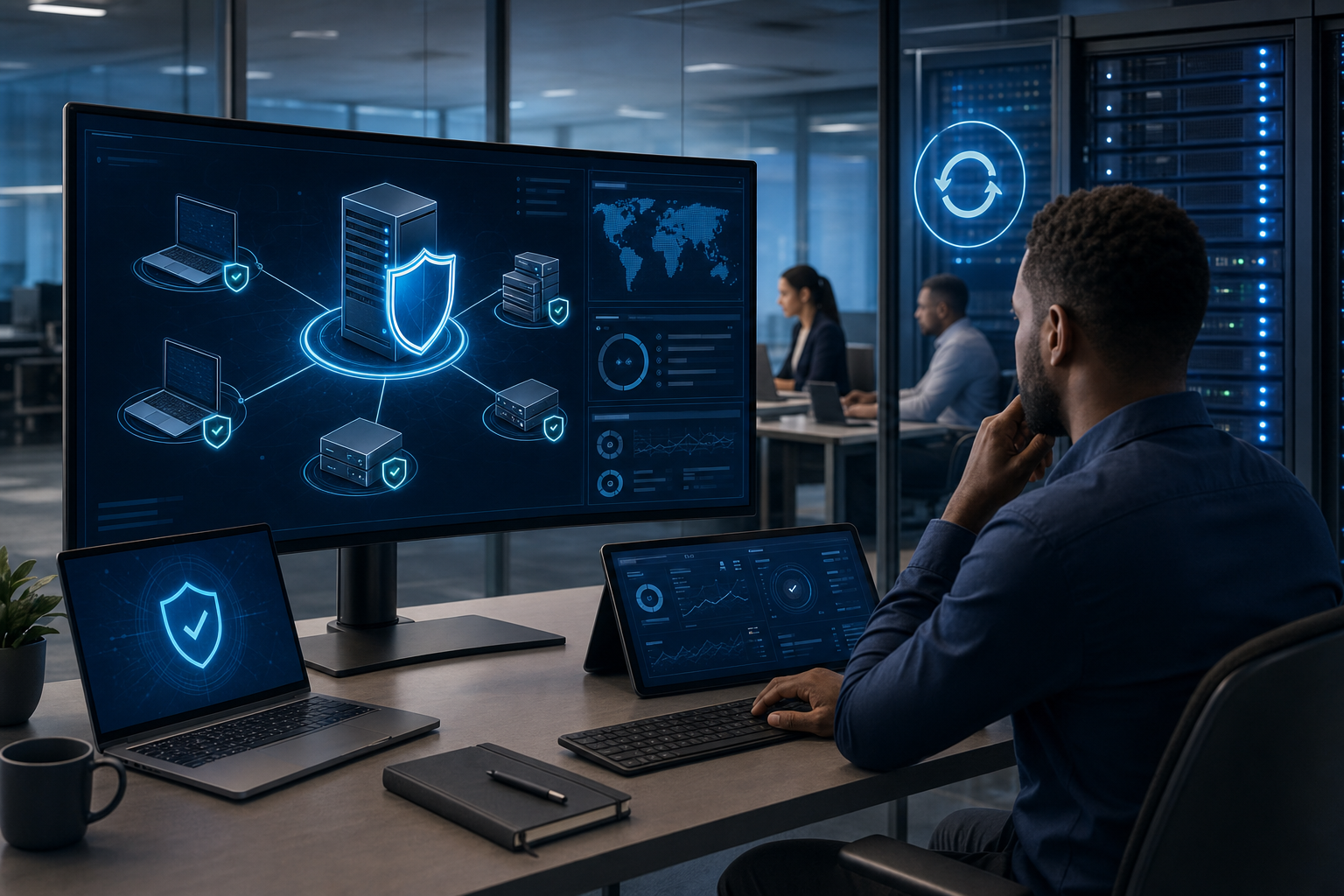 Managed cybersecurity dashboard monitoring endpoint management servers and business devices