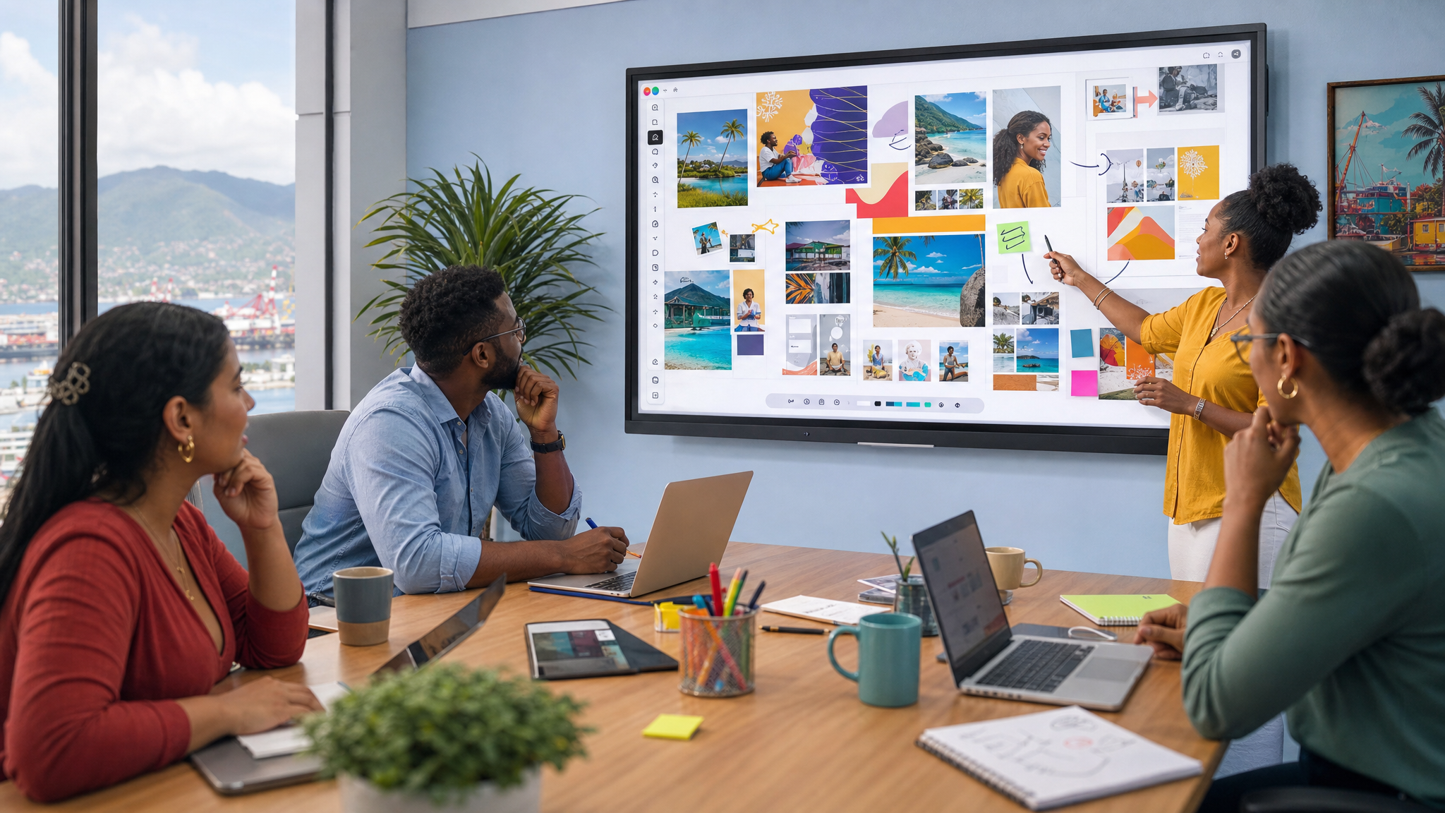 Small business marketing team collaborating on an AI assisted campaign mood board