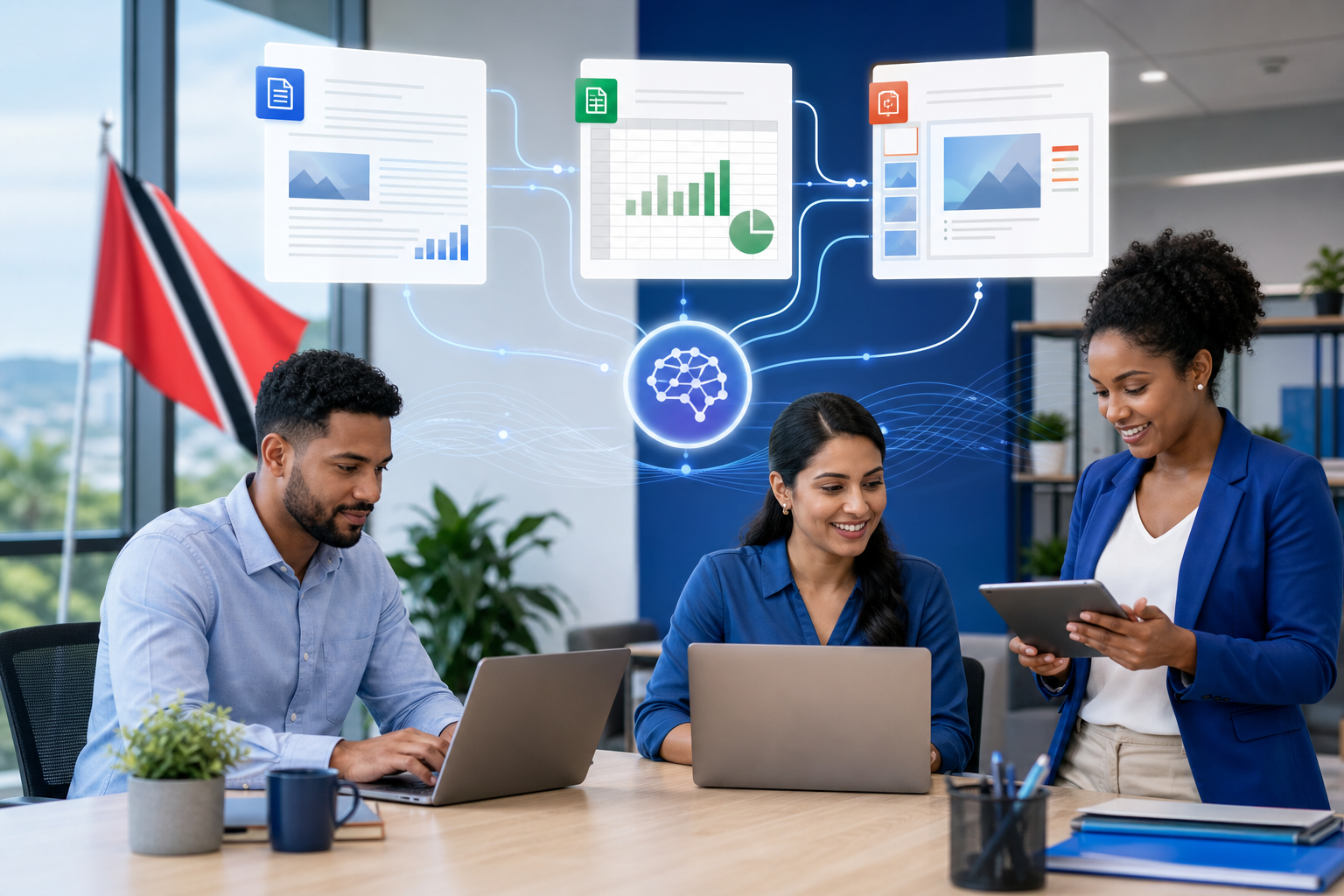 Microsoft 365 Copilot workflow connecting Word Excel and PowerPoint for an SMB team