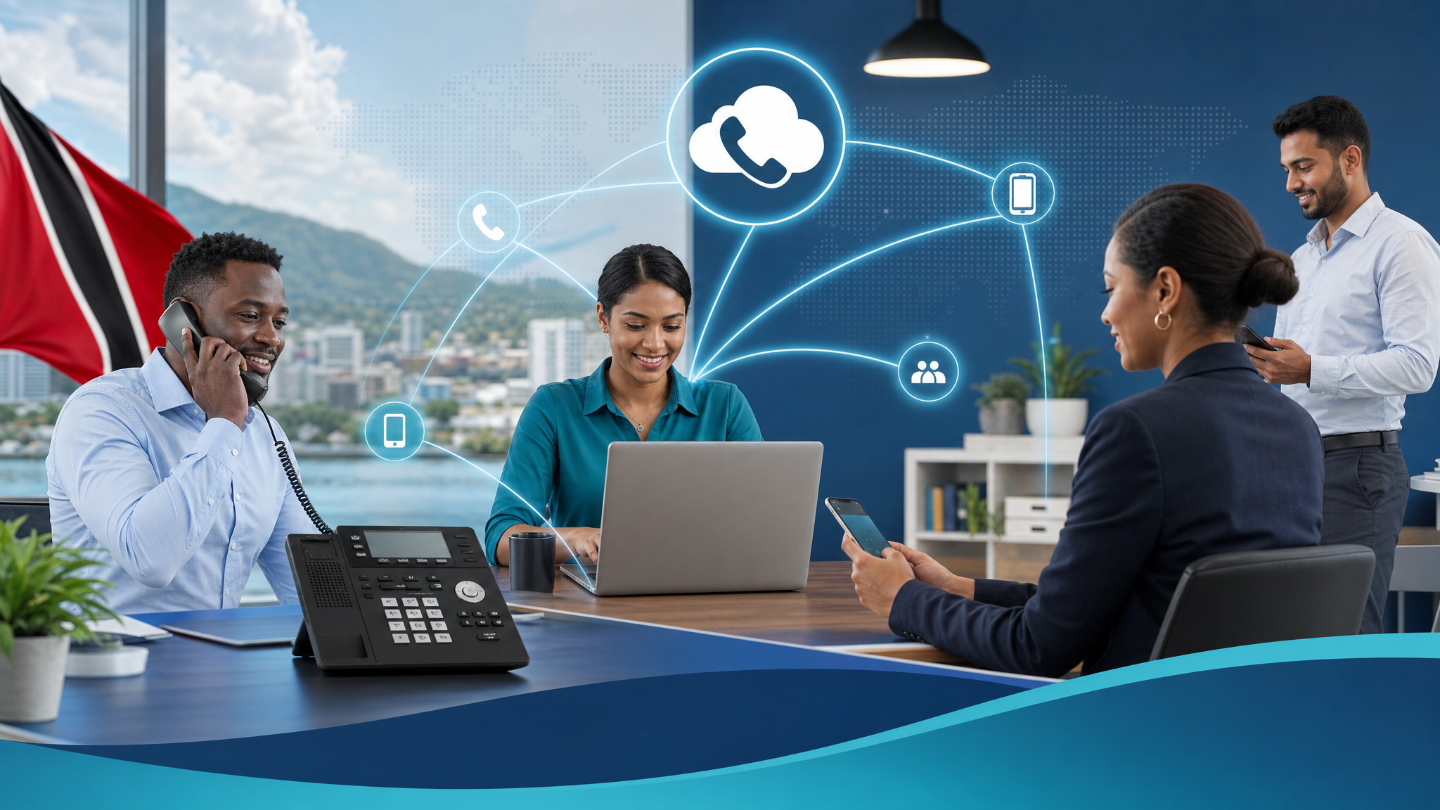 Small business team using modern VoIP calling on desk phone, laptop, and mobile app