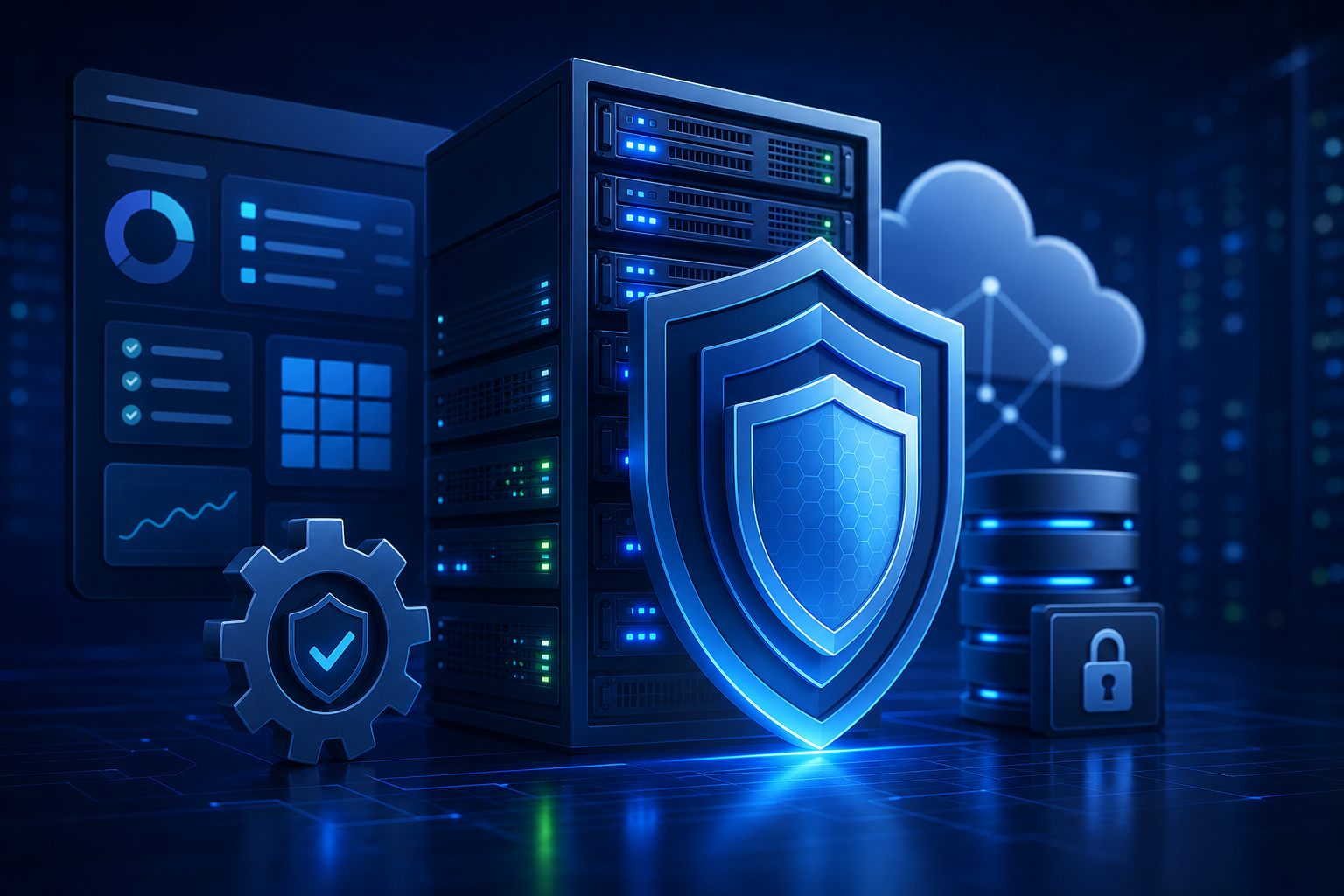 Managed hosting security dashboard watching protected web servers and patch status indicators