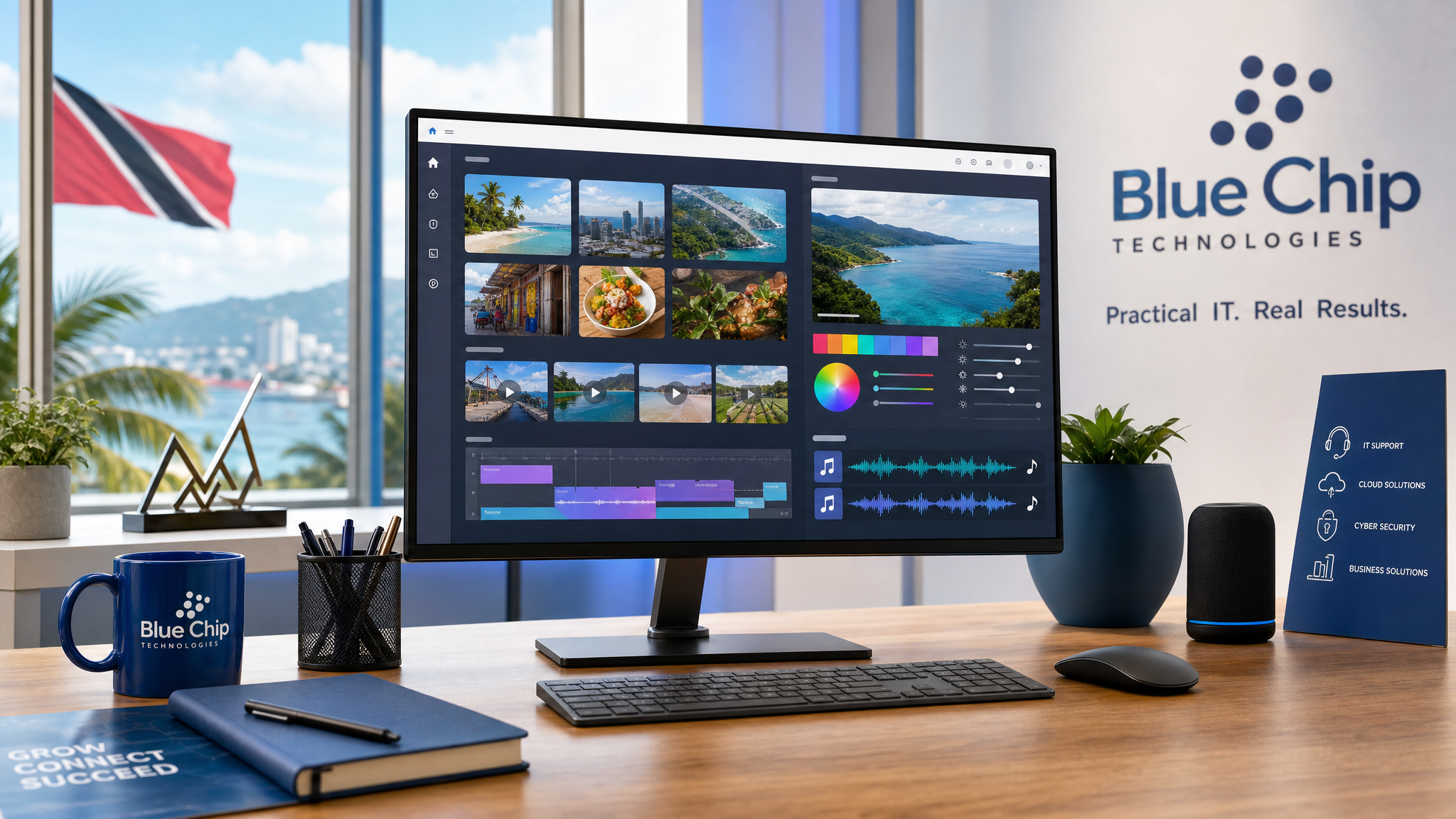 Small business marketing workstation with AI-assisted stock asset editing controls