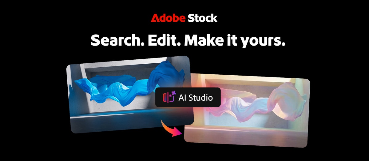 Adobe Stock AI Studio feature visual showing search, edit, and make it yours messaging