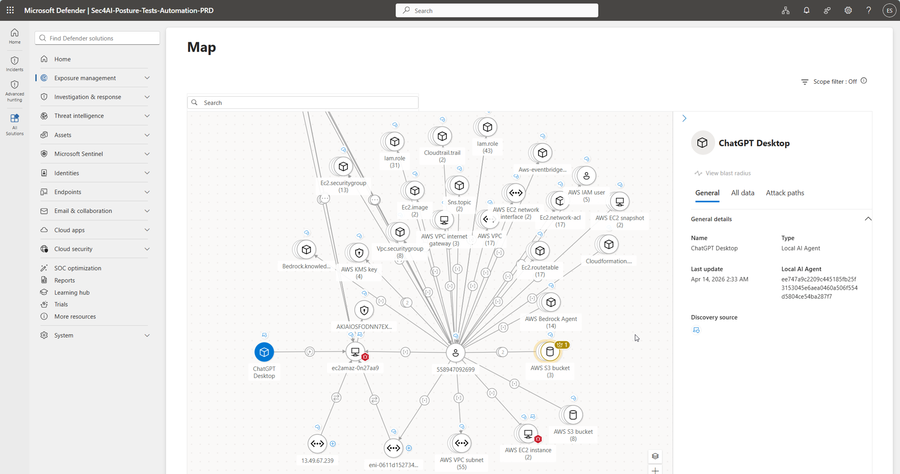 Microsoft Defender agent exposure map showing connected AI agents, identities, and cloud resources