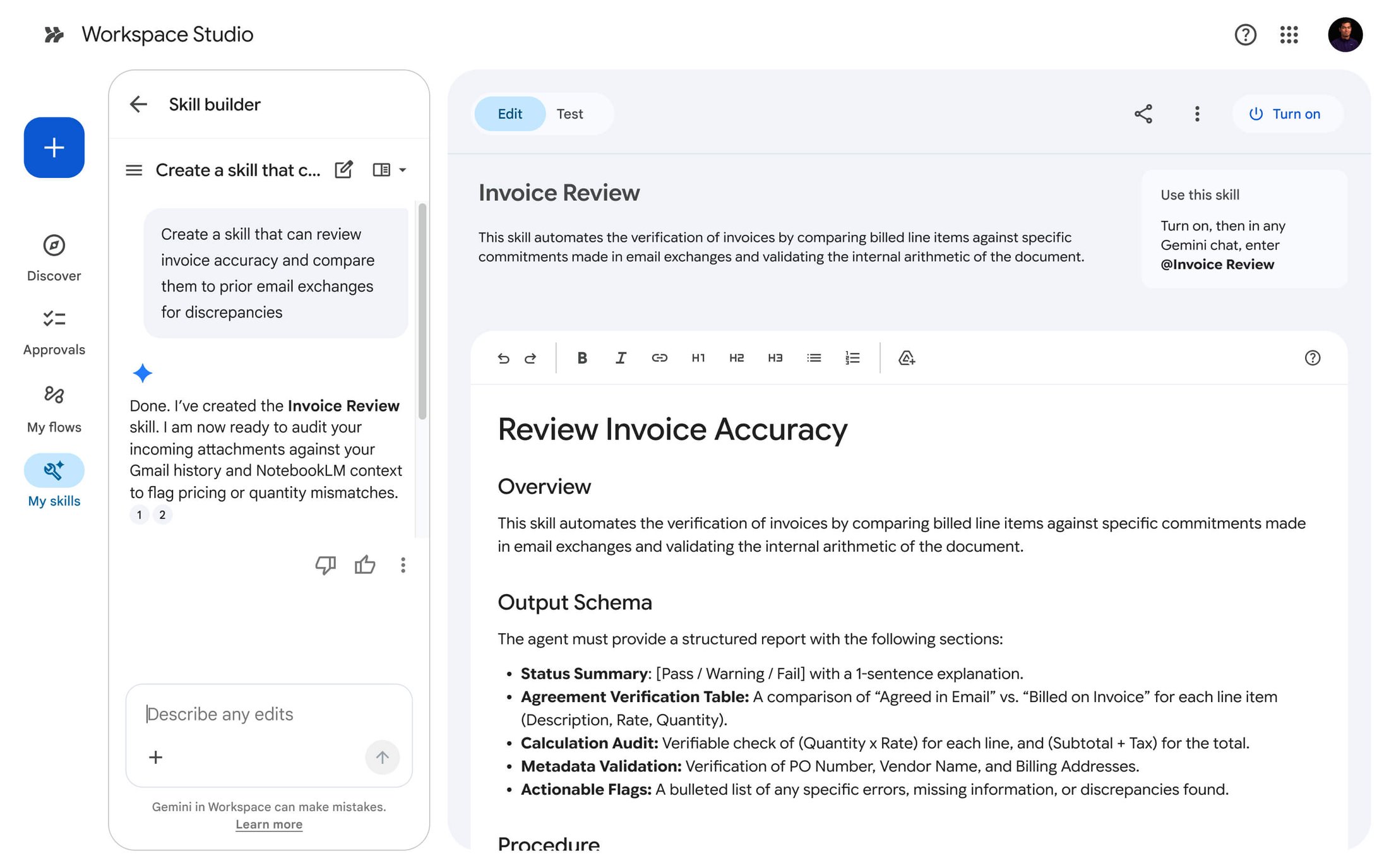 Workspace Studio skills are designed to turn repeatable procedures into shared AI-assisted workflows