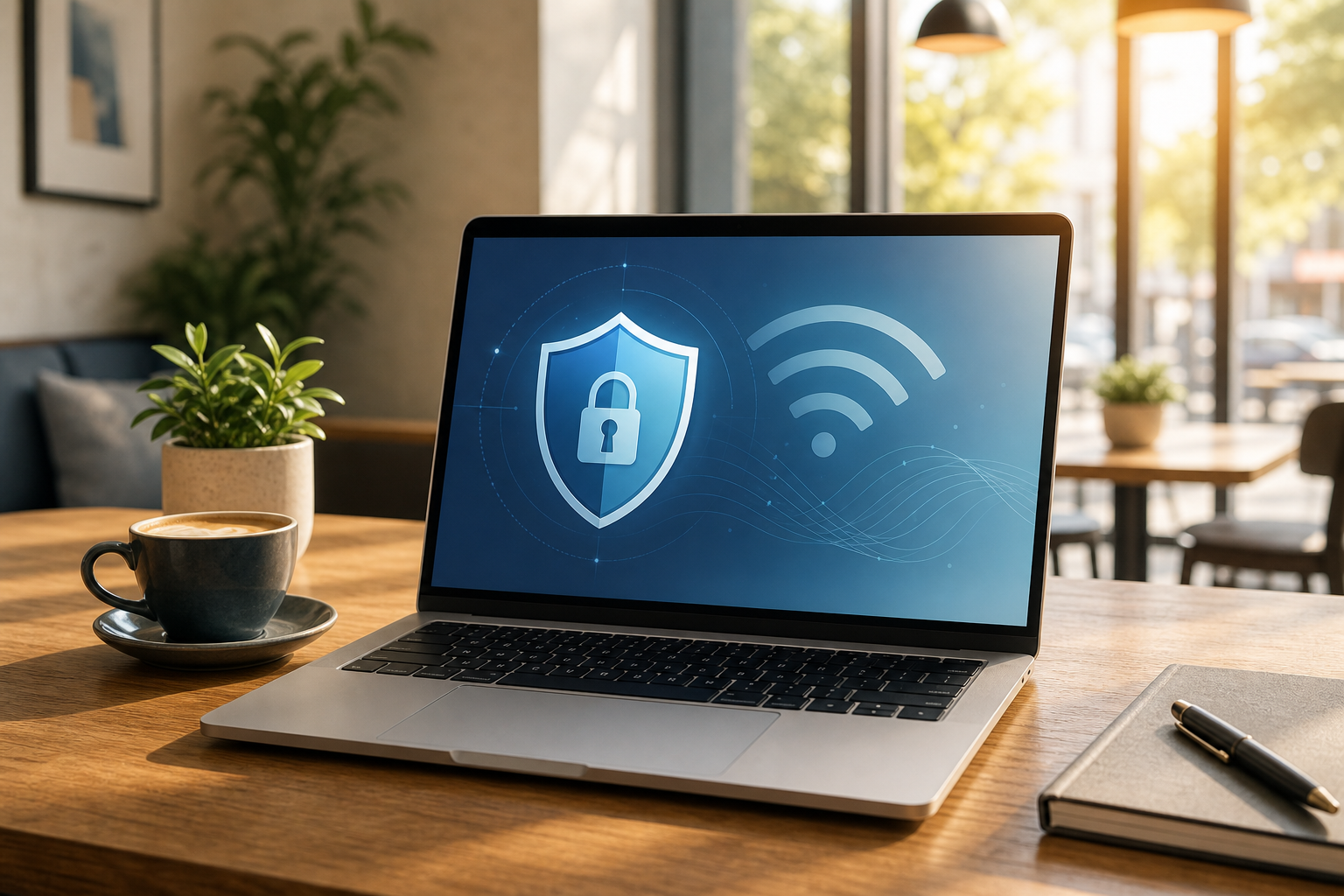 Abstract secure public Wi-Fi connection on a business laptop