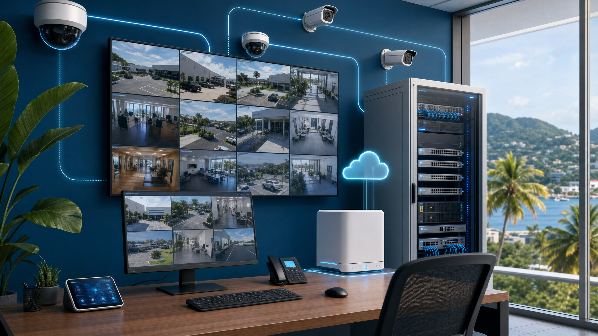 Custom illustration of a managed business video security operations desk with network surveillance feeds