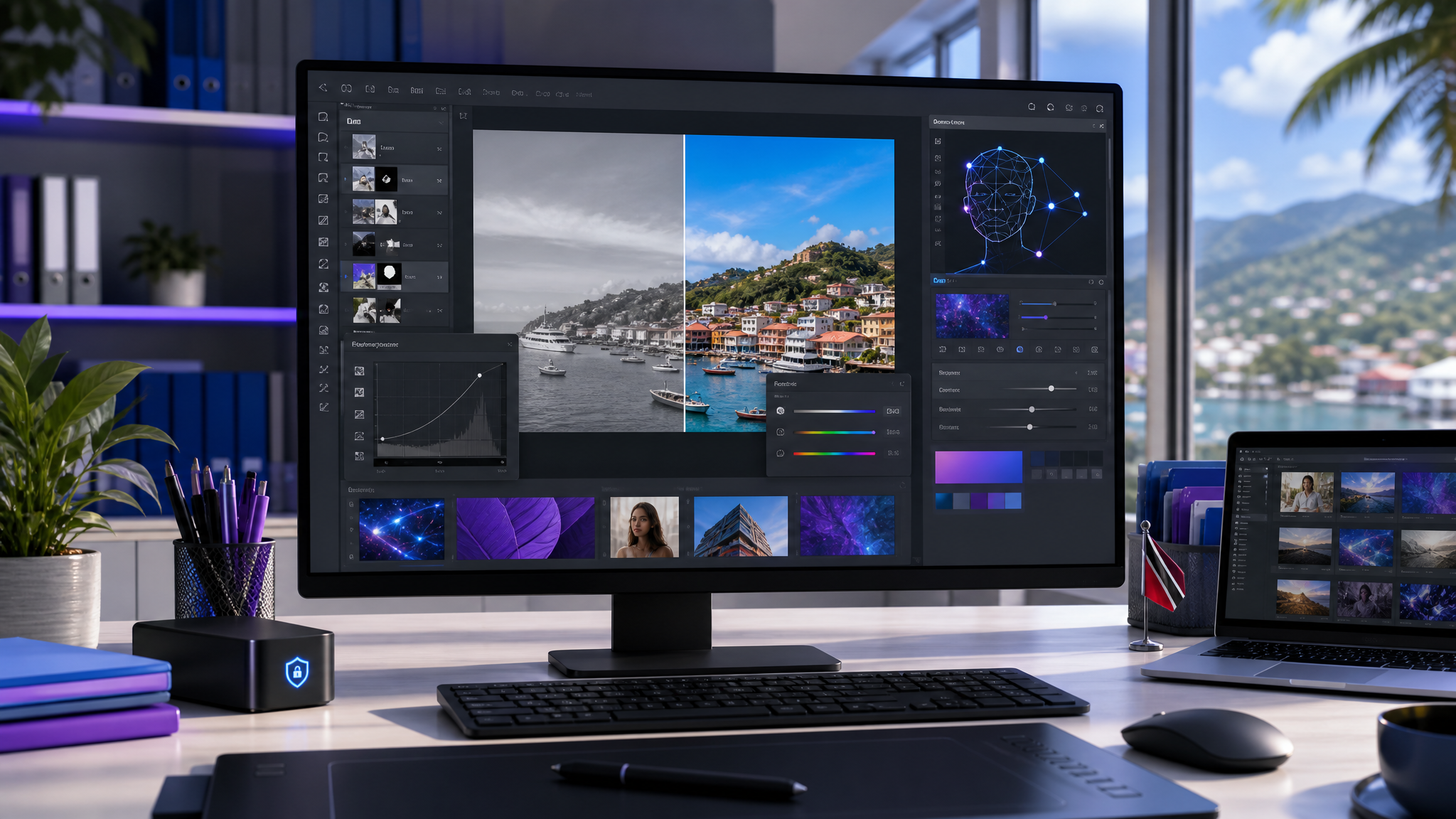 Organised small business marketing workspace with Photoshop-style image editing, layers, and secure creative workflow controls