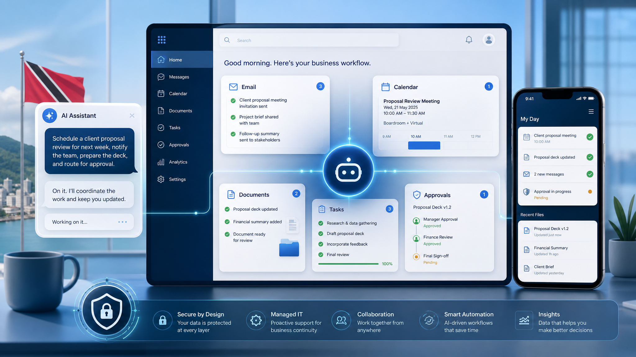 AI assistant coordinating Microsoft 365-style business tasks across email, calendar, documents, and mobile workflows