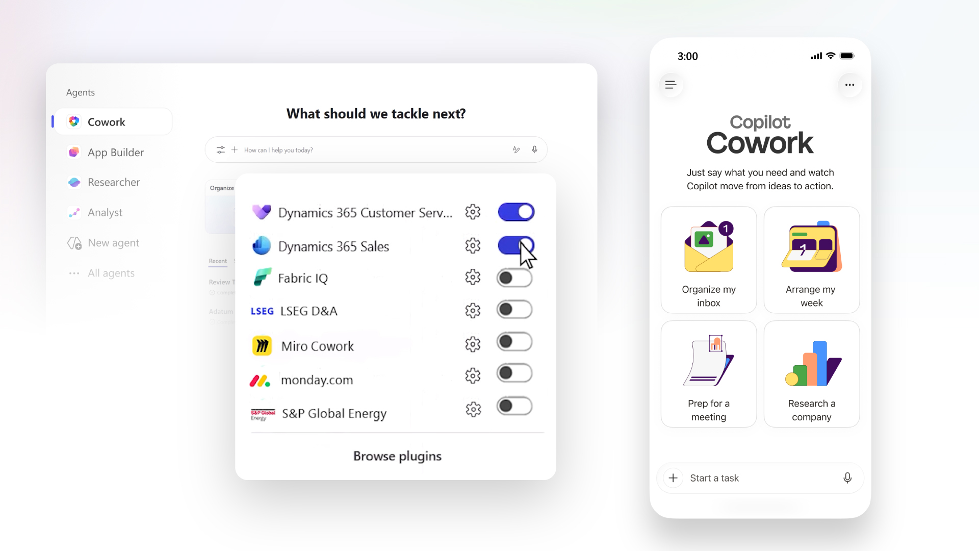 Microsoft 365 Copilot Cowork visual showing AI-assisted work across business tasks