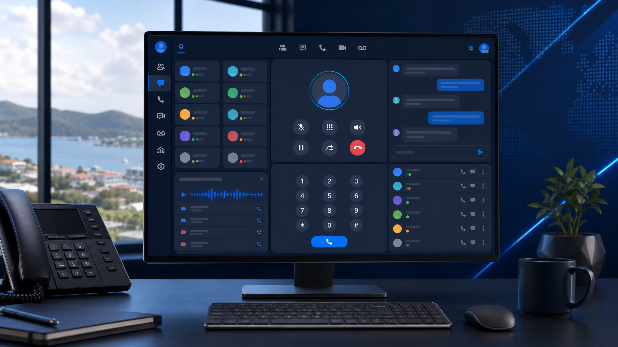 Modern web-based business phone system dashboard with calls, team presence, chat, contacts, and voicemail
