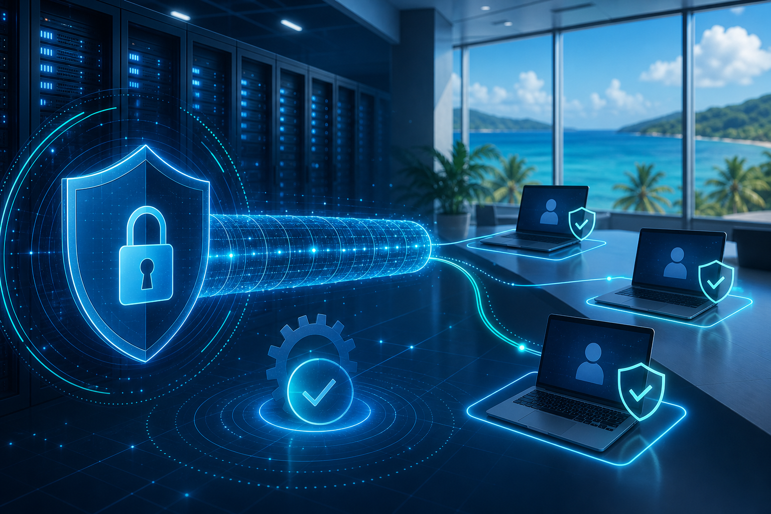 Secure remote access tunnel connecting business laptops and servers with patch status monitoring