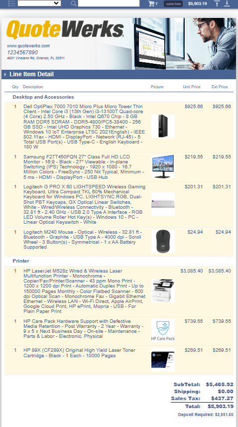 QuoteValet shopping cart order form example