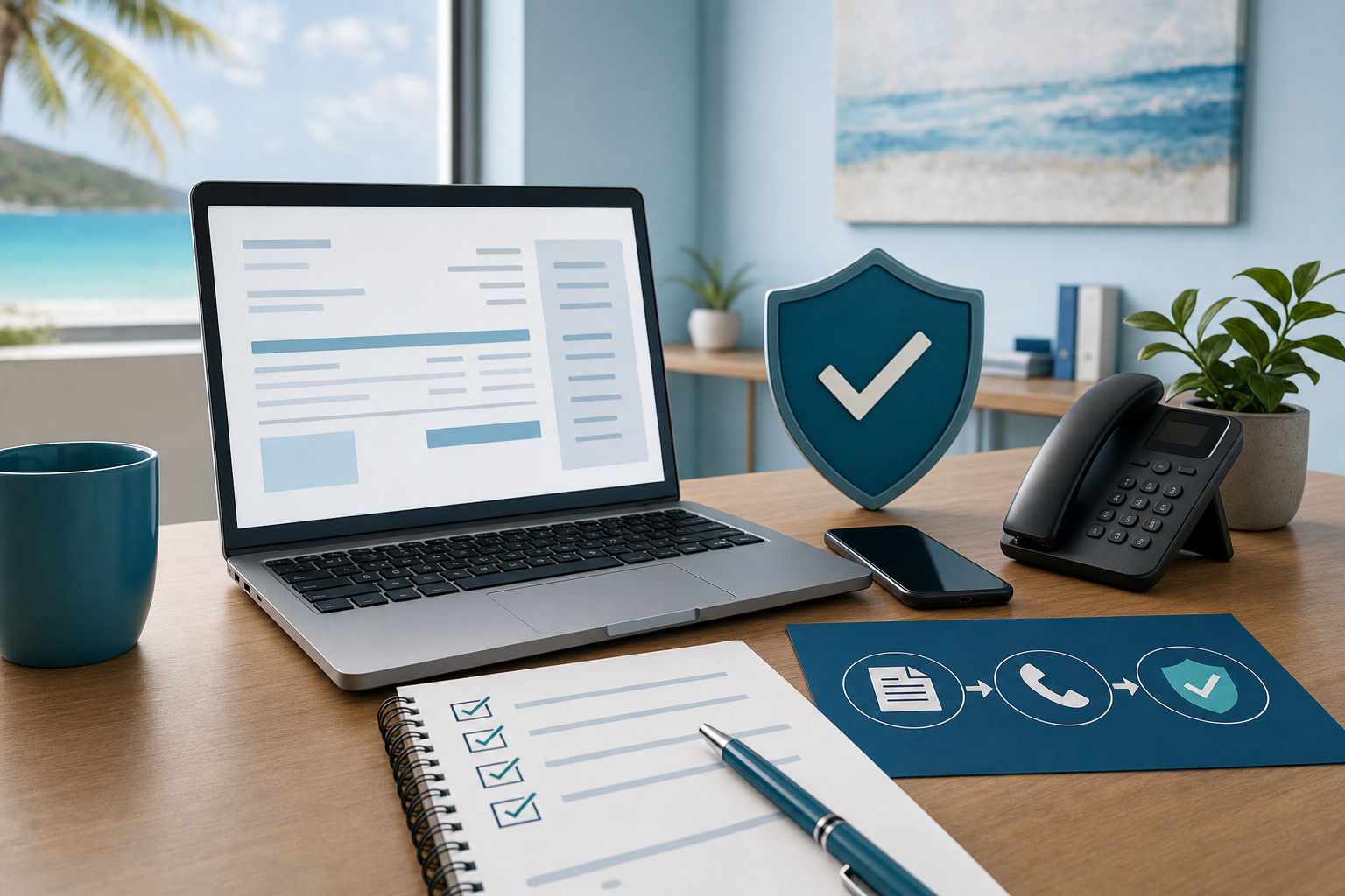 Business payment verification checklist with laptop and phone, no readable text