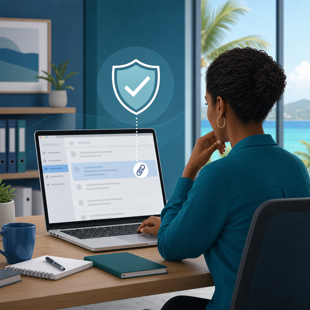 Office worker pausing before opening an unexpected email attachment