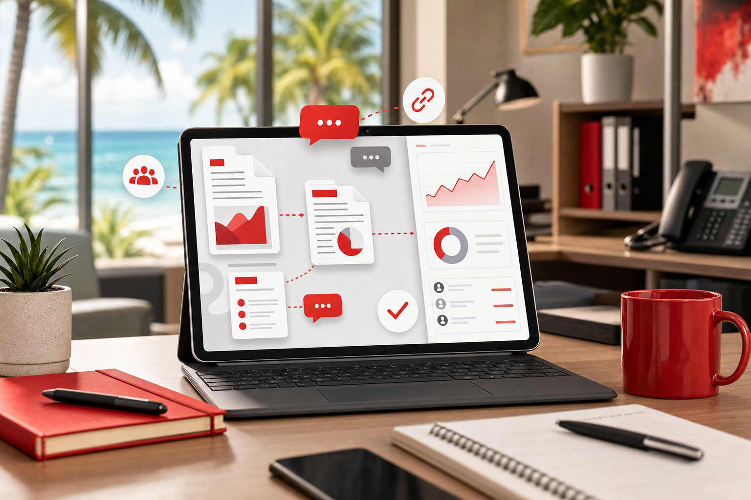 Business document workspace with connected PDF cards and engagement panels