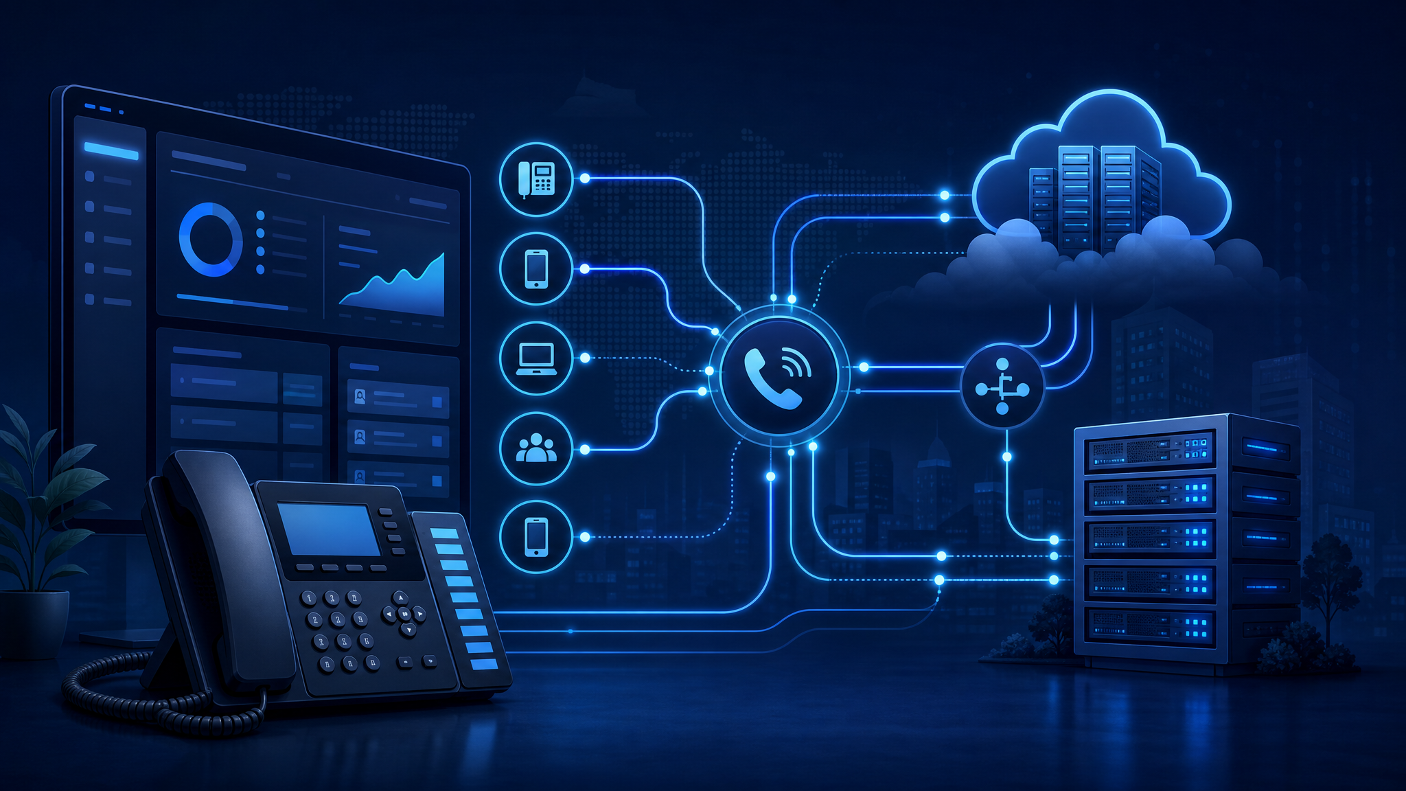 Abstract business VoIP routing and SIP trunk management dashboard illustration