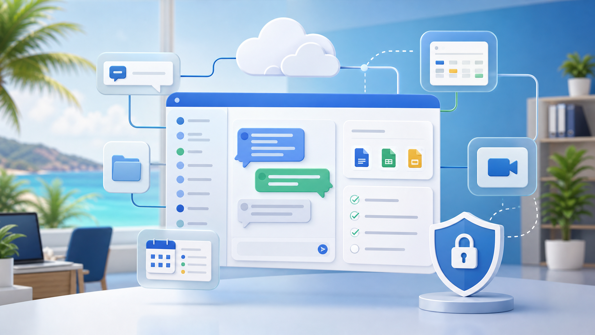 Abstract secure team collaboration workspace with chat, files, tasks, and calendar elements