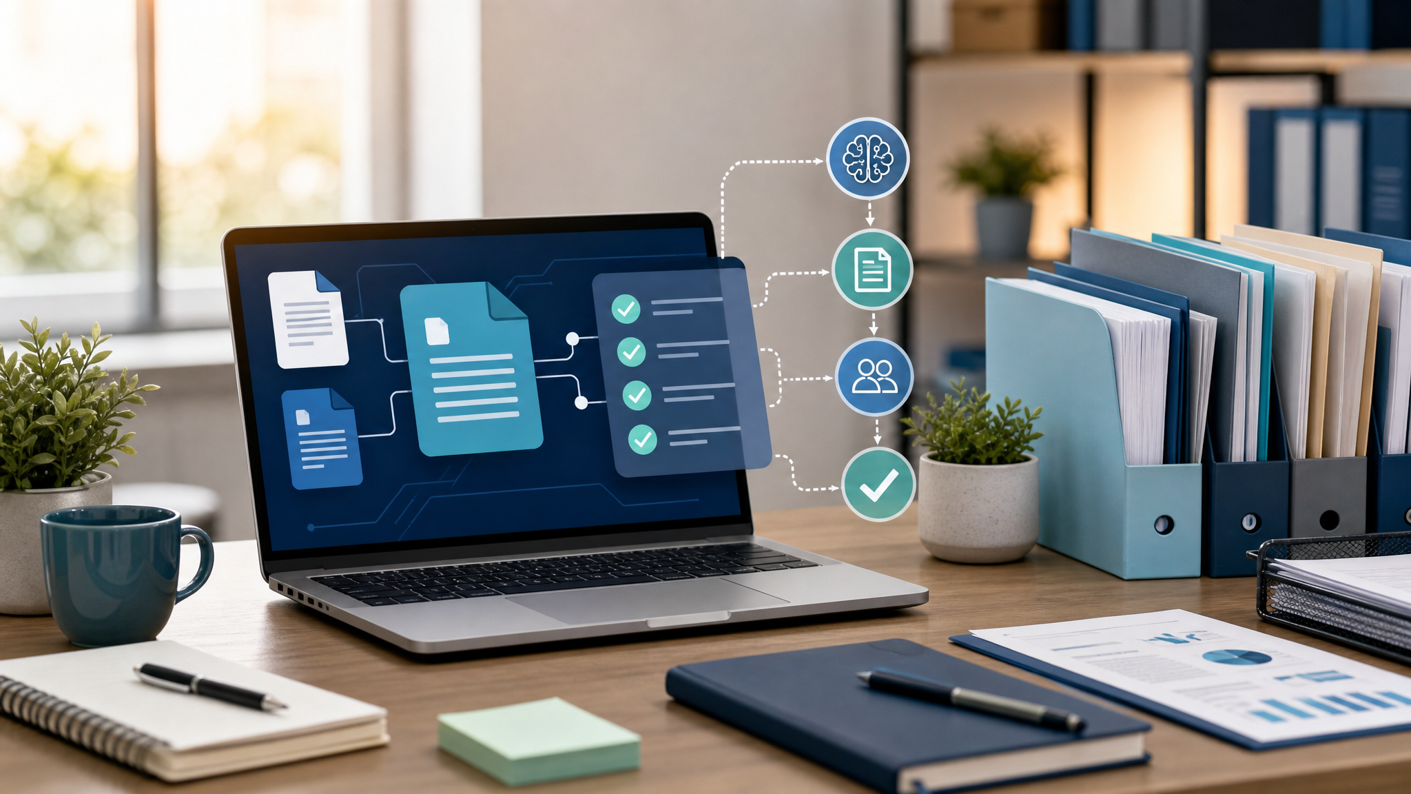 Small business document workflow with AI assistance, organized files, and approval controls