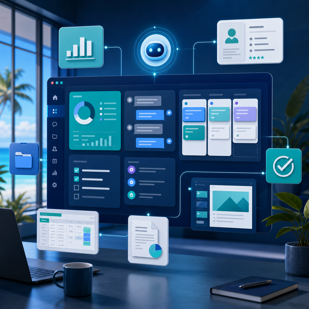 Abstract Microsoft 365 Copilot workflow dashboard connecting business apps for an SMB team