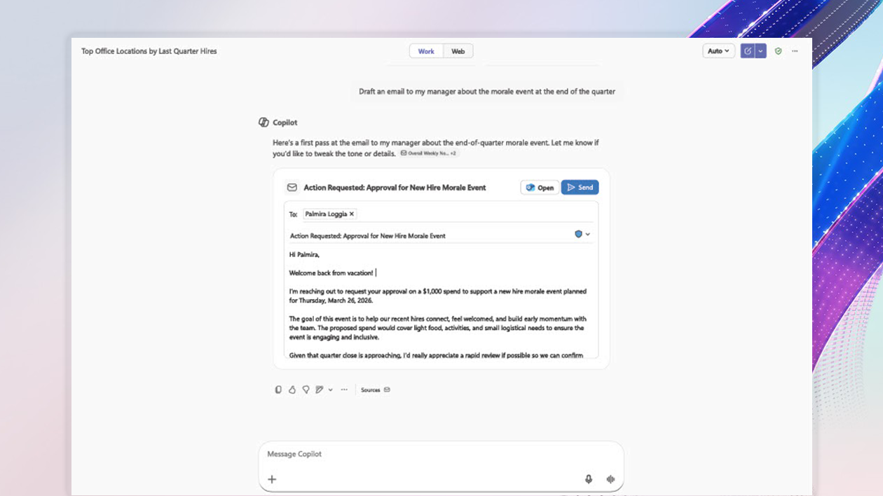 Microsoft 365 Copilot showing an in-chat business app experience for a workflow approval