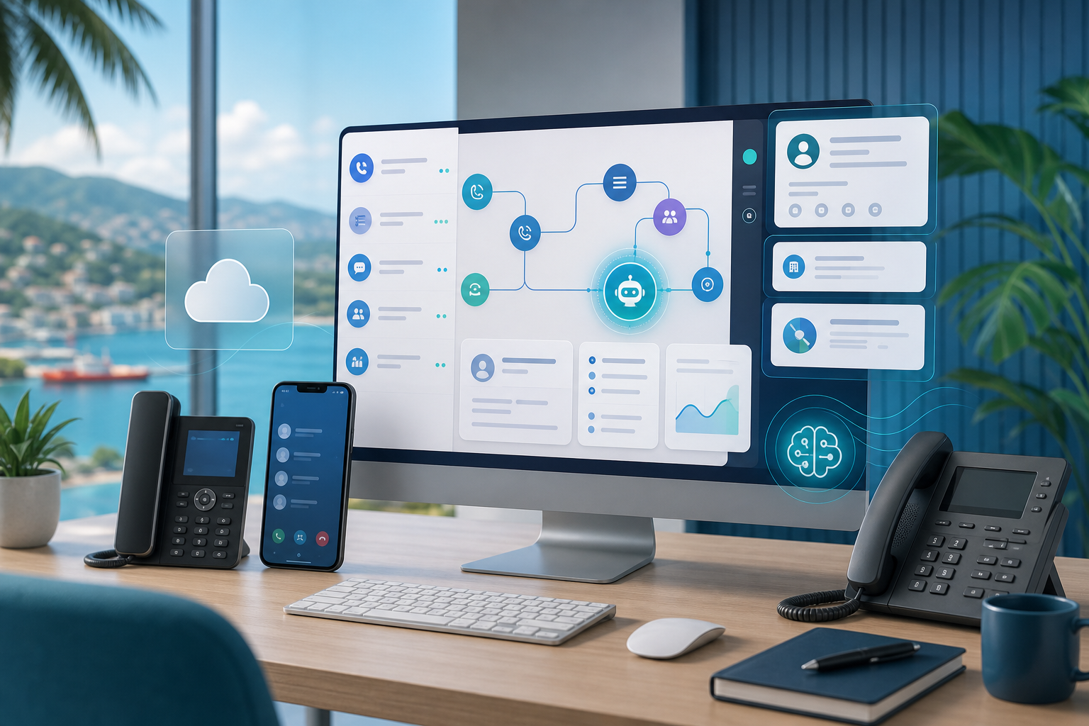 Abstract 3CX AI communications workflow with call routing and CRM context